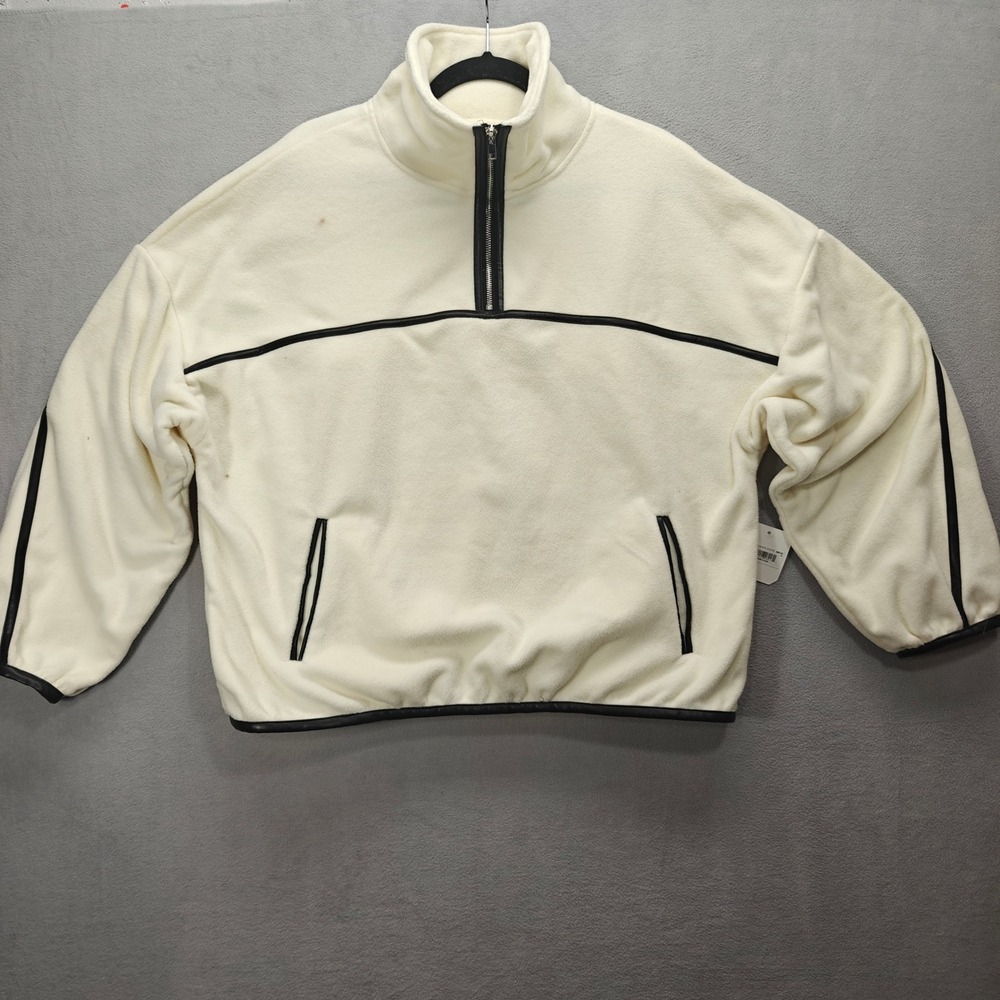 Altar'd State Fleece Pullover Women Medium Cream Black Trim Athleisure Oversized